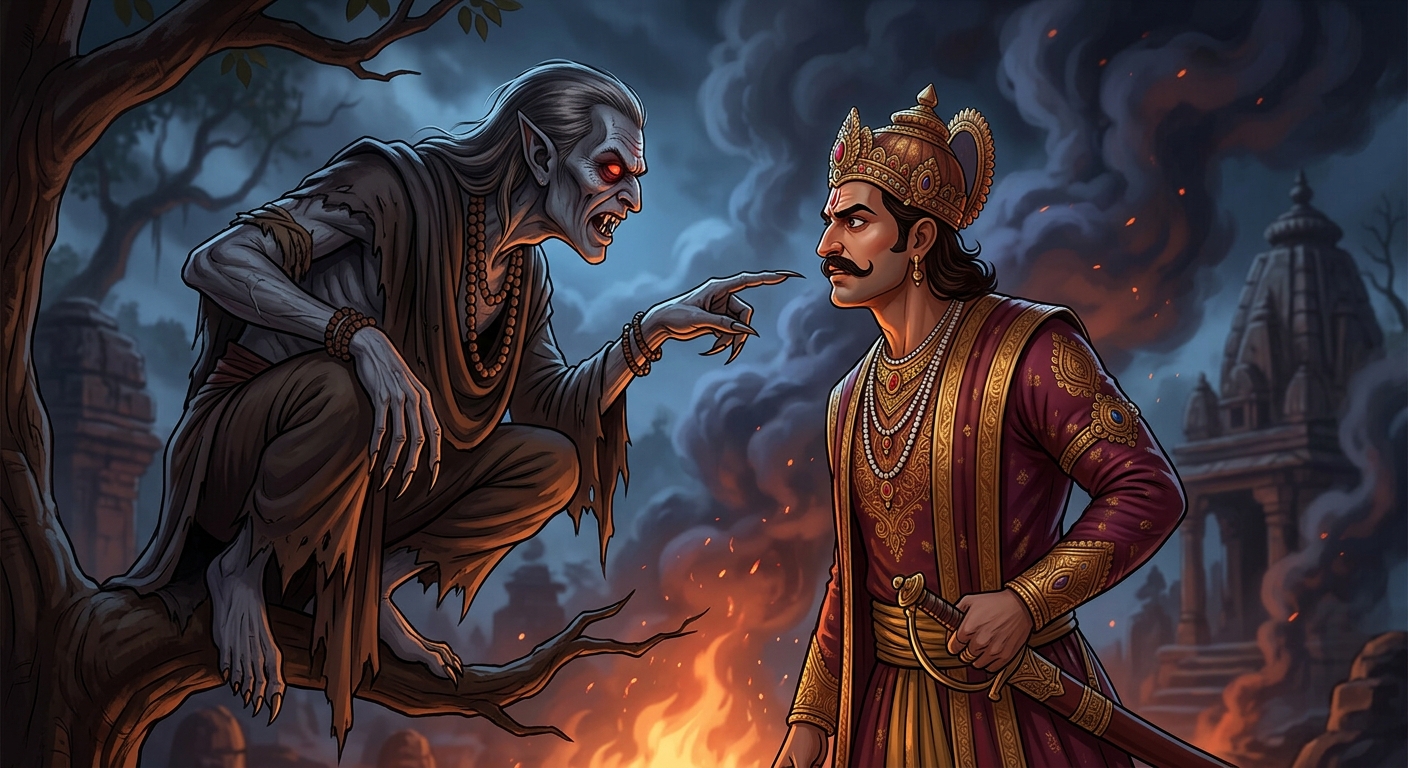 Medium close-up of Betal pointing a clawed finger at Vikramaditya's face amidst swirling cremation smoke and glowing embers, demanding the verdict under penalty of death.