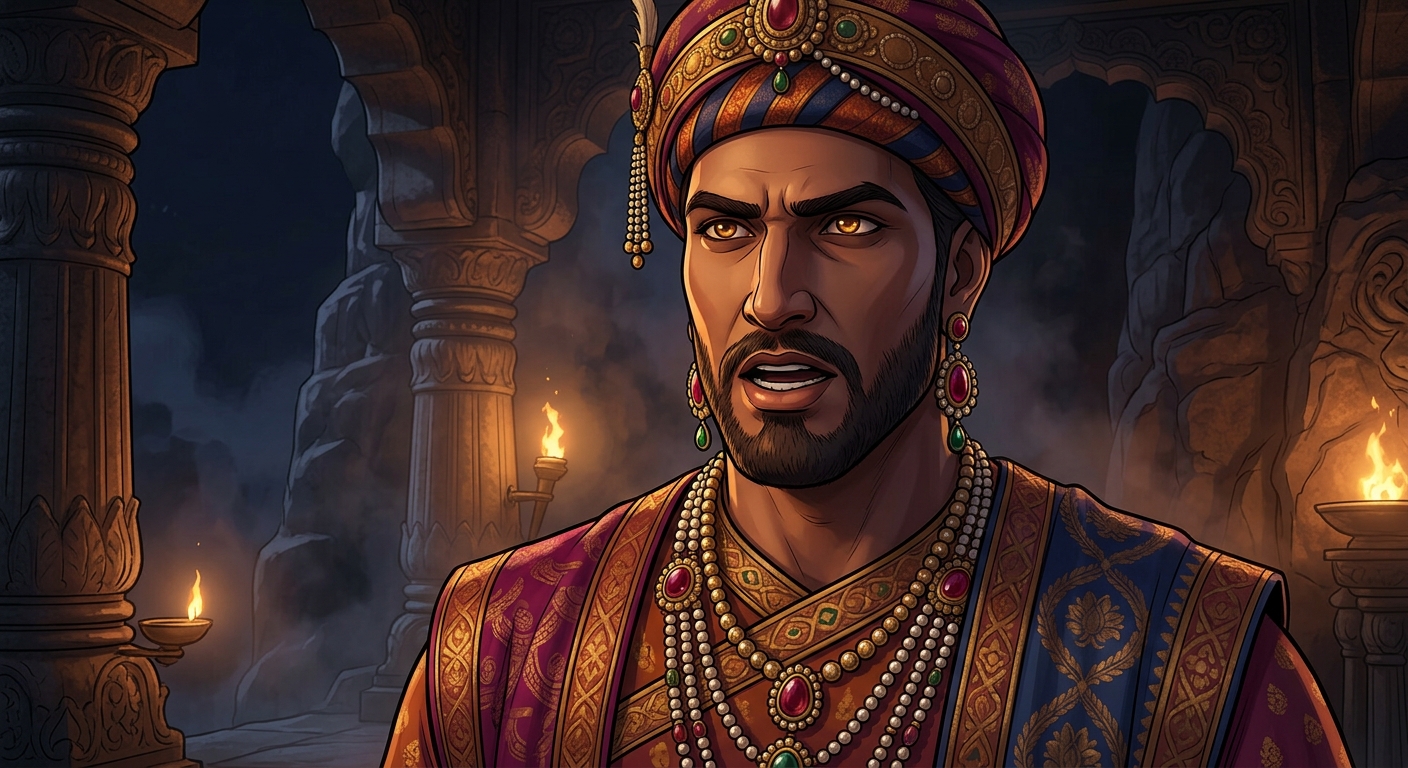 Heroic majestic close-up of Emperor Vikramaditya, eyes blazing with divine wisdom and authority, lips parting to deliver the immortal Dharmic verdict amidst the moonless night.