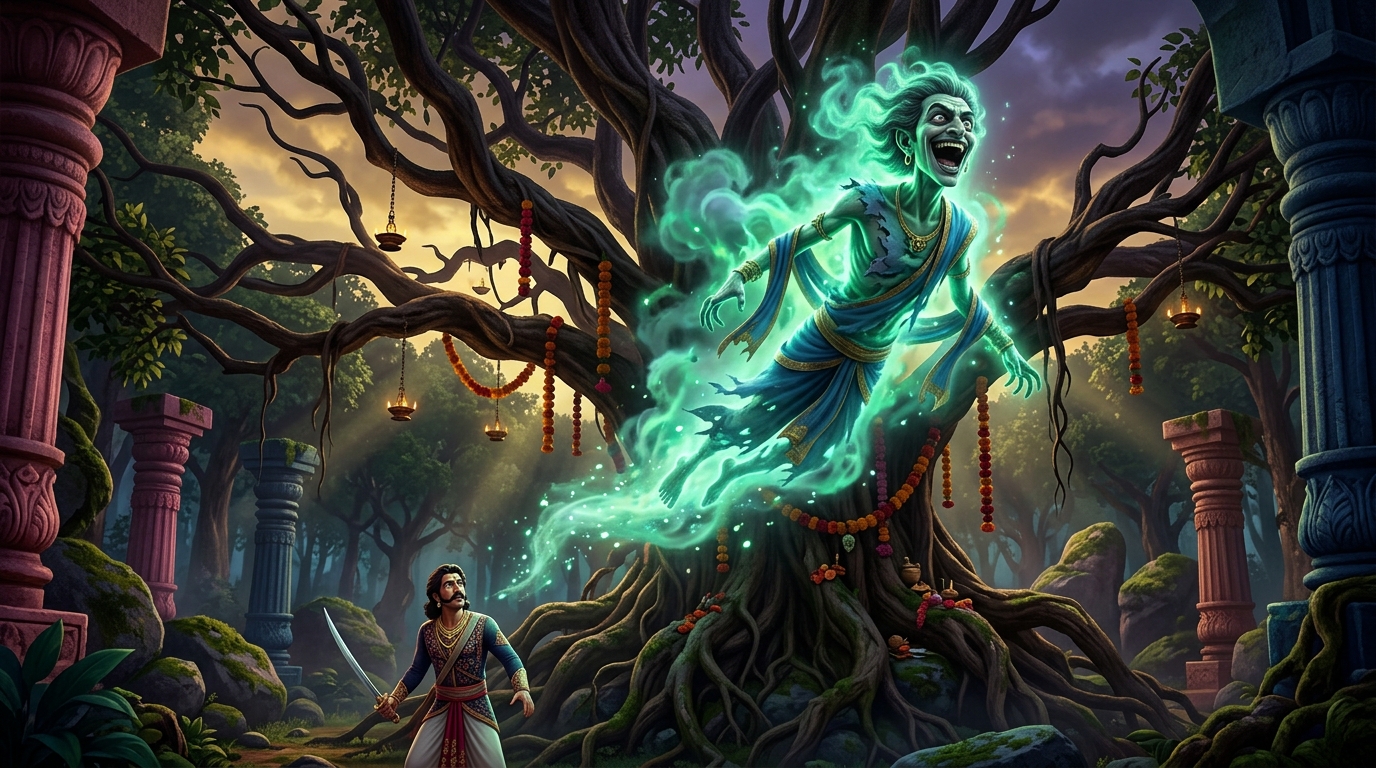 Dynamic wide action shot: Betal bursting into a sinister, echoing cackle, his spectral corpse dissolving into emerald-tinted smoke and flying upward through the gnarled branches back toward the Shinshapa tree.