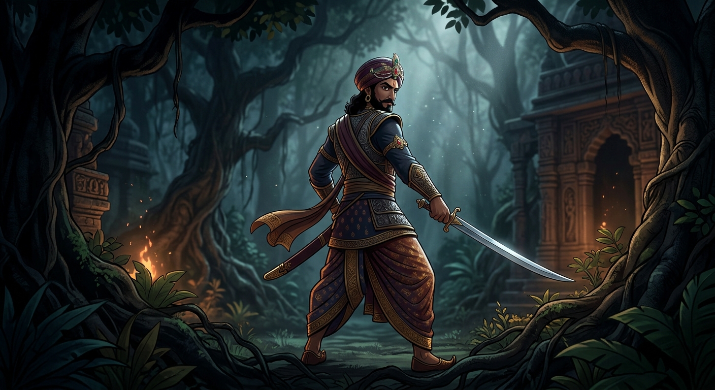 Heroic silhouette of Emperor Vikramaditya standing tall and undaunted in the pitch-black moonless Amavasya jungle, drawing his gleaming steel sword from its scabbard, turning back toward the ancient tree with fierce royal determination.