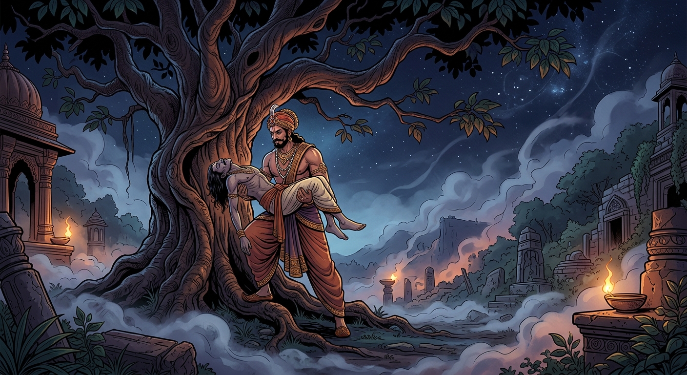 Dramatic wide shot of King Vikramaditya lowering the corpse Betal from the sinister Shinshapa tree in the Mahashmashan, surrounded by swirling ghostly fog and nocturnal shadows under an Amavasya moonless sky, graphic novel style.