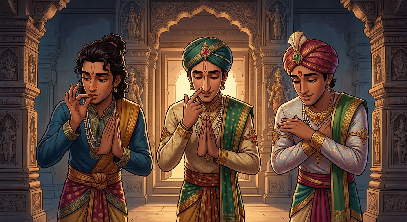 Medium close-up of the three brothers bowing with folded hands: One with a discerning palate gesture, one touching his refined nose, one touching his delicate silken arm.