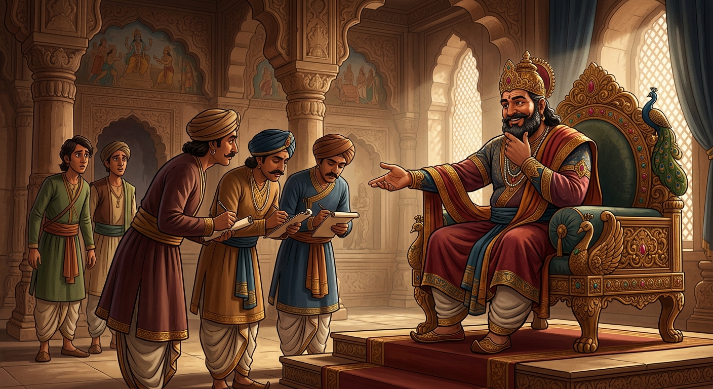 King Gunashekhara smiling on his golden throne, stroking his royal beard with curiosity and commanding his royal chamberlains to prepare three ultimate tests for the brothers.