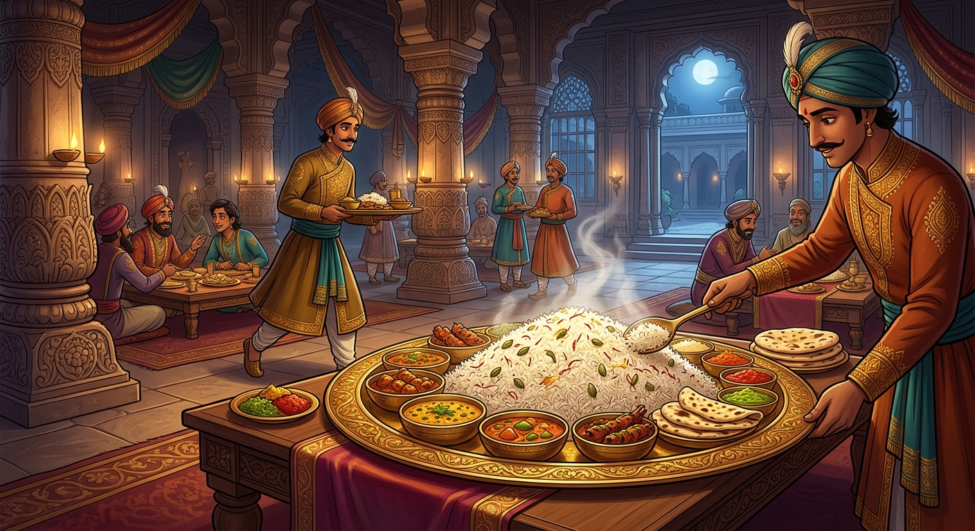A lavish imperial dining hall: A golden platter loaded with royal delicacies, steaming pearl-white basmati rice infused with saffron, cardamom, and pure ghee, served by royal attendants.