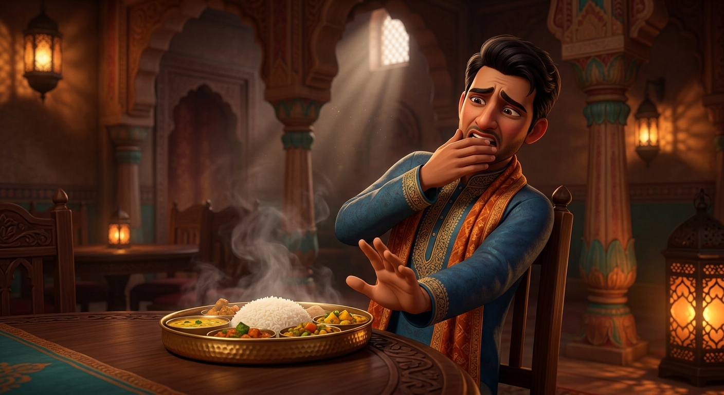 Dramatic shot of the eldest brother leaning over the steaming rice bowl, suddenly recoiling in intense nausea, holding his mouth and pushing the golden thali away in disgust.