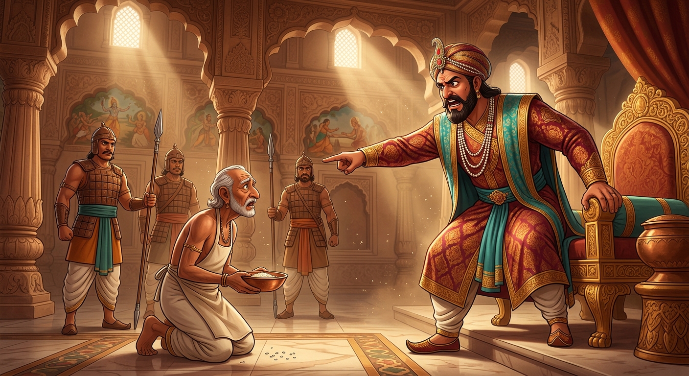 King Gunashekhara standing up in disbelief and fury, ordering his head royal chef and guards to investigate where the rice grain was cultivated.