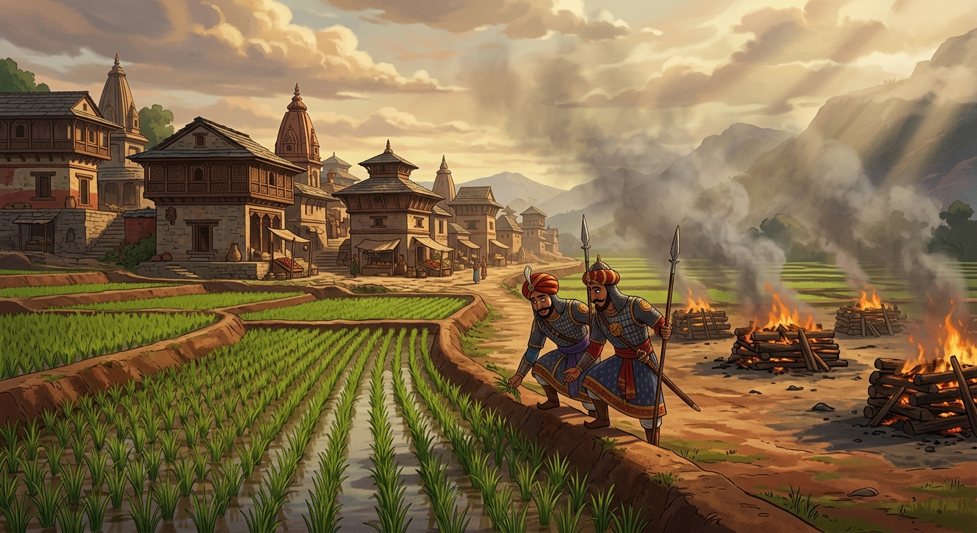 Wide atmospheric exterior shot of royal guards examining a lush rice paddy field situated directly adjacent to a smoking village cremation ground, ashes drifting across the crops.