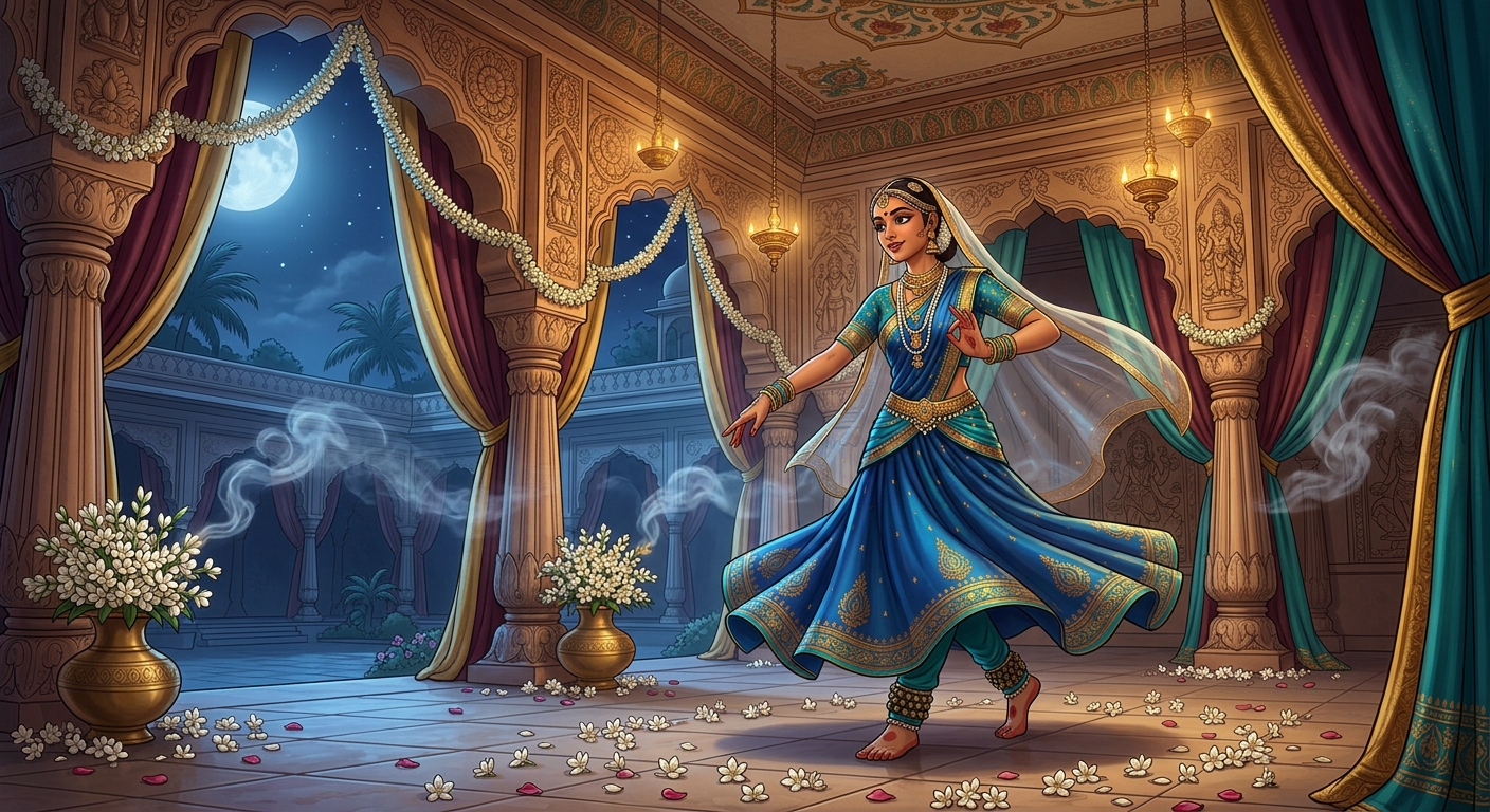 A sumptuously decorated moonlit palace pavilion filled with jasmine blossoms, sandalwood incense, and soft silk draperies. A breathtakingly beautiful royal dancer adorned with jewels stepping forward.
