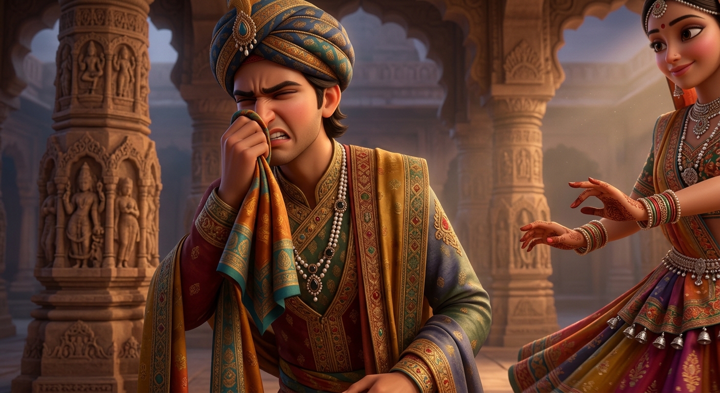 Close-up of the second brother covering his nose with a silk scarf, grimacing in severe discomfort and turning his head away as the beautiful dancer approaches.