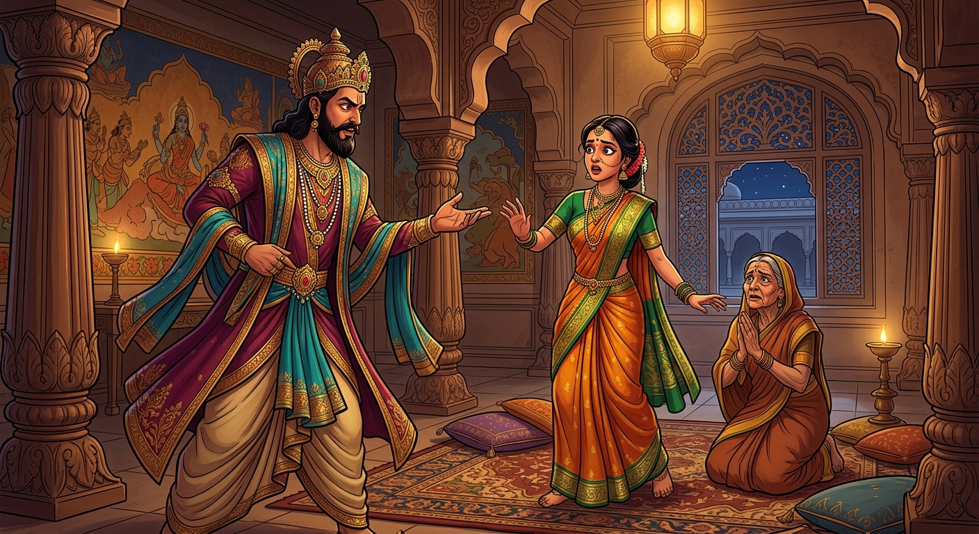 King Gunashekhara questioning the startled courtesan and her aged foster-mother who kneels with folded hands in the private royal chamber.