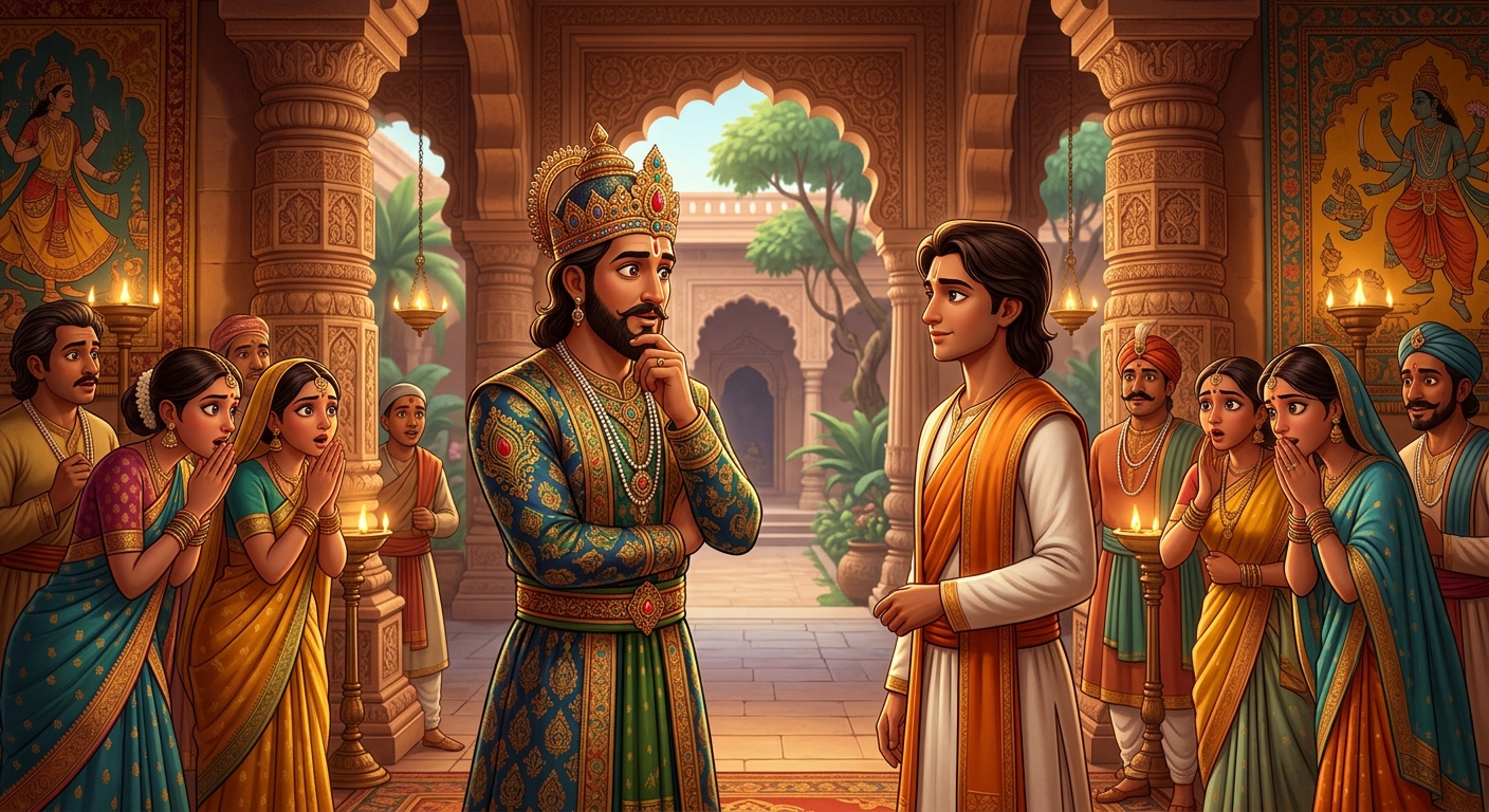 King Gunashekhara looking in utter amazement at the second brother, nodding with deep respect as royal courtiers whisper in wonder.
