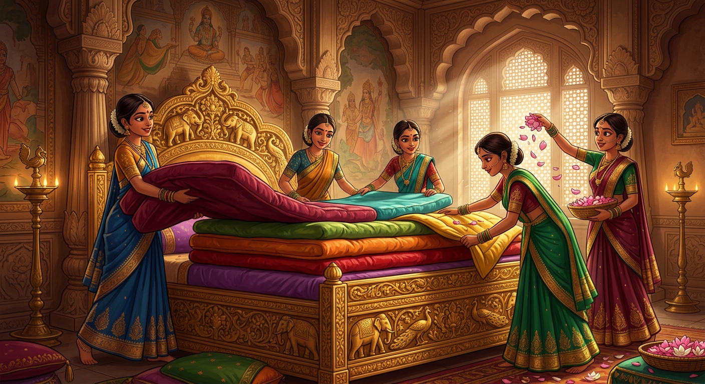 Magnificent royal bedchamber: Attendants carefully stacking seven ultra-thick, soft silk mattresses and downy quilts onto an intricately carved golden bedstead, scattering fragrant lotus petals on top.