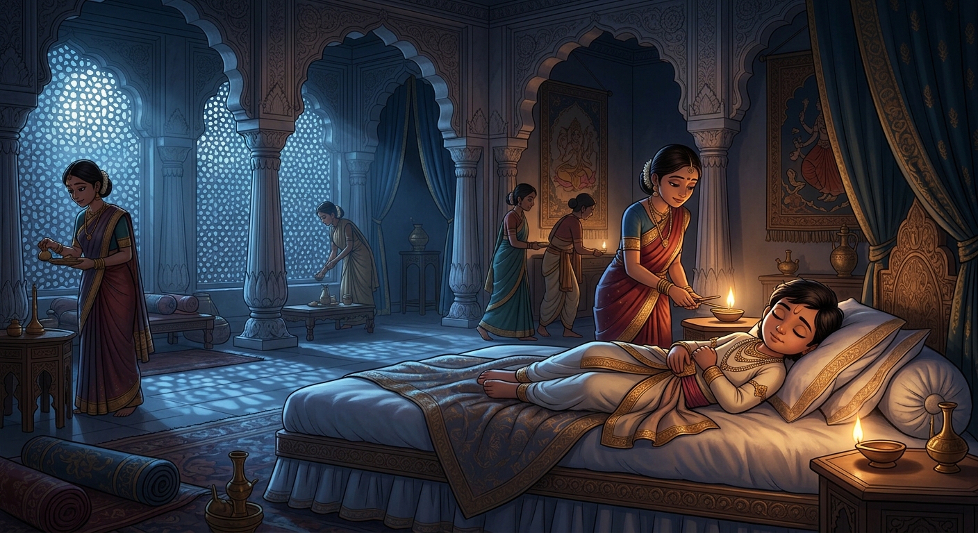 The youngest brother lying peacefully upon the cloud-like seven-layered royal bed as attendants extinguish the oil lamps, moonlight filtering through marble latticework.