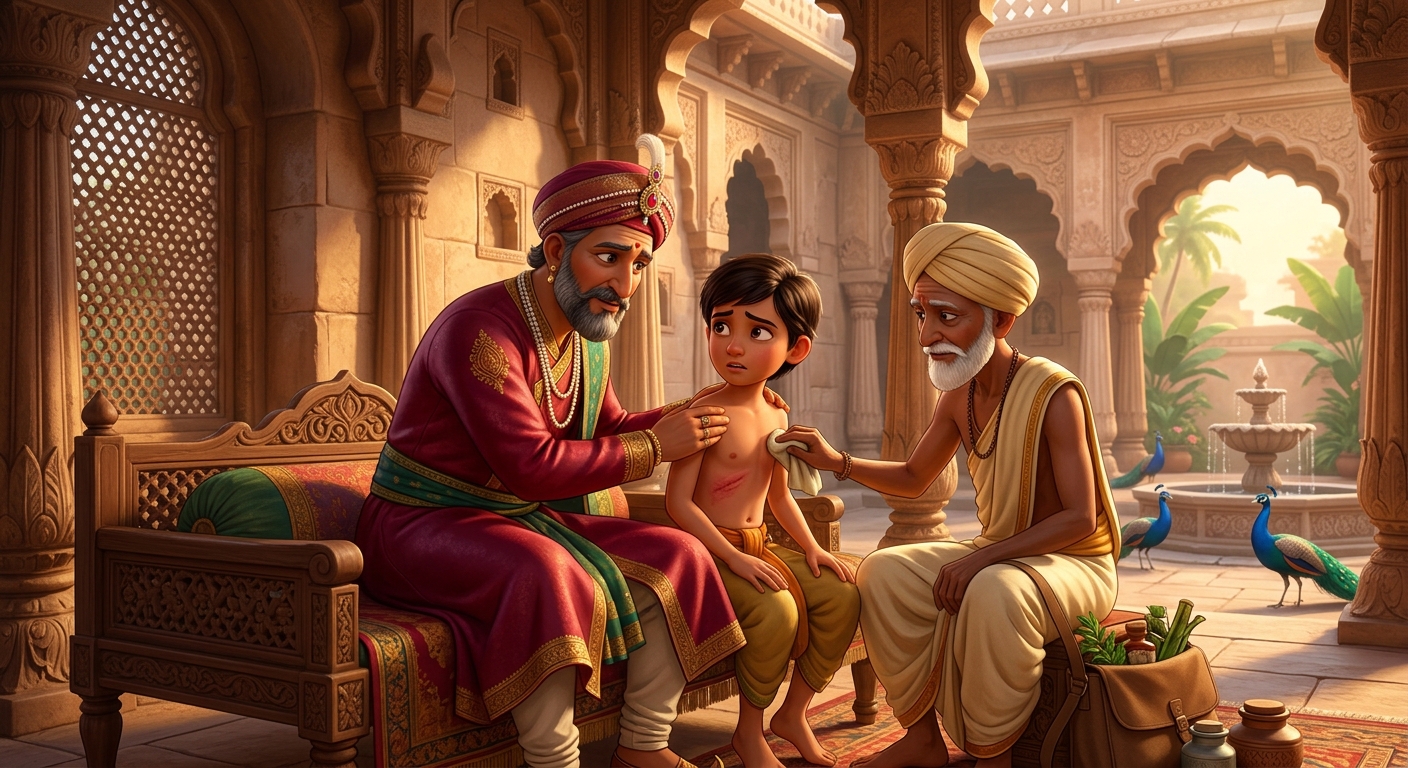 Morning light: King Gunashekhara and the royal physician examining the bare torso of the young brother, revealing a prominent, inflamed, bleeding red welt along his ribs.