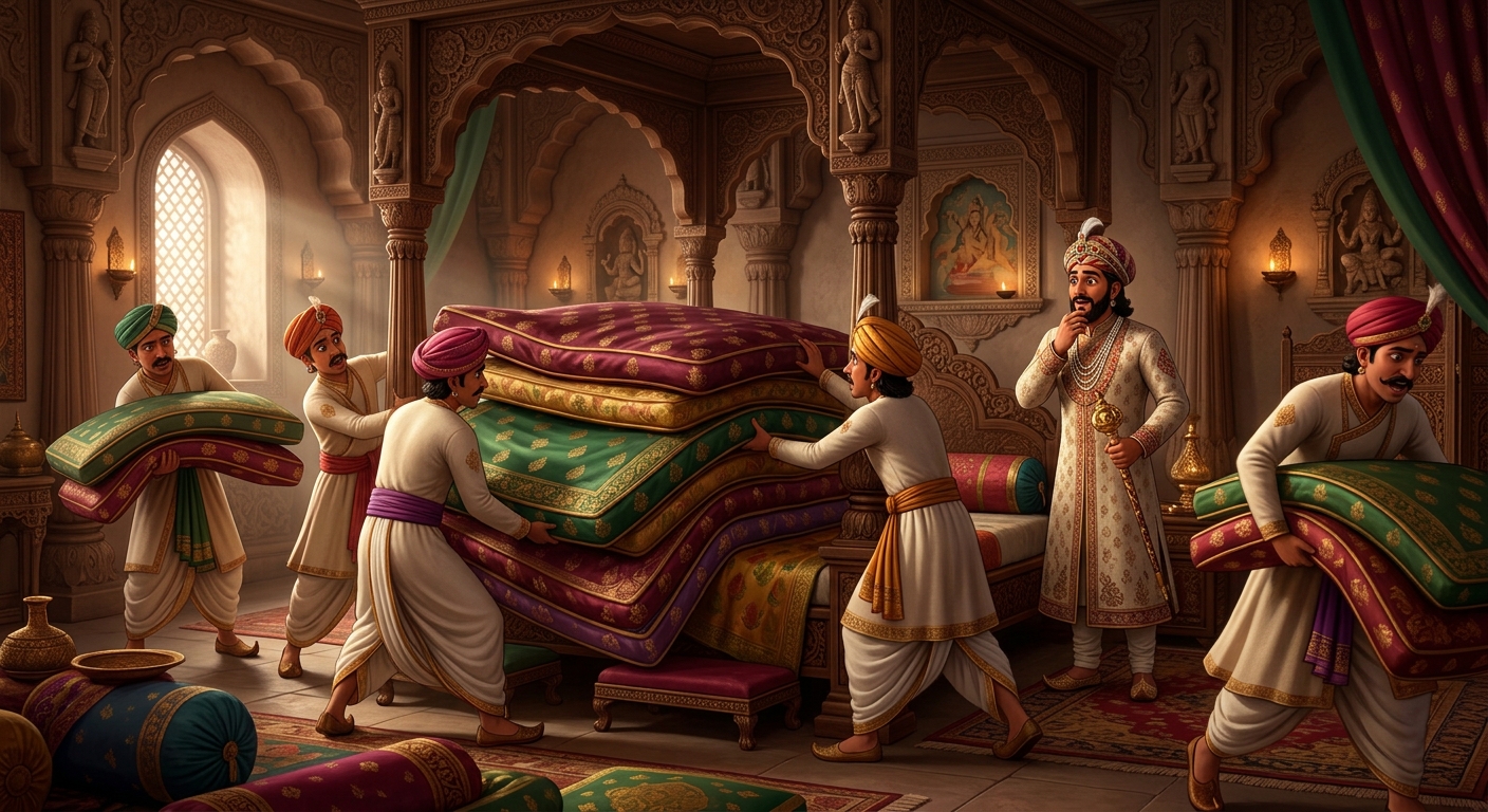 Royal attendants frantically lifting and stripping away the seven thick silk mattresses one by one under King Gunashekhara's watchful, amazed eyes.