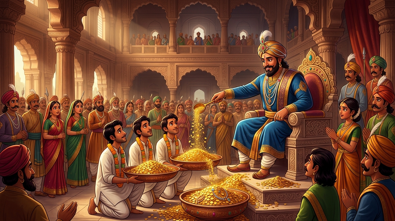 Wide panoramic shot: King Gunashekhara rewarding all three brothers with heaps of gold, while the entire royal court gazes in speechless admiration.