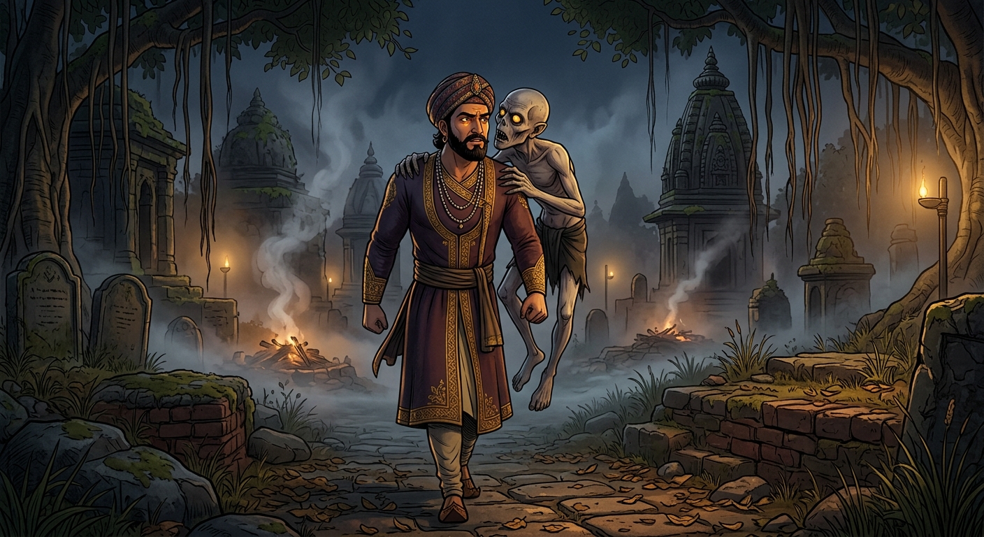 Atmospheric shot in the Mahashmashan of Ujjain: Betal perched on Vikramaditya's shoulder in the misty darkness, leaning his ghoulish face close to the King's ear.