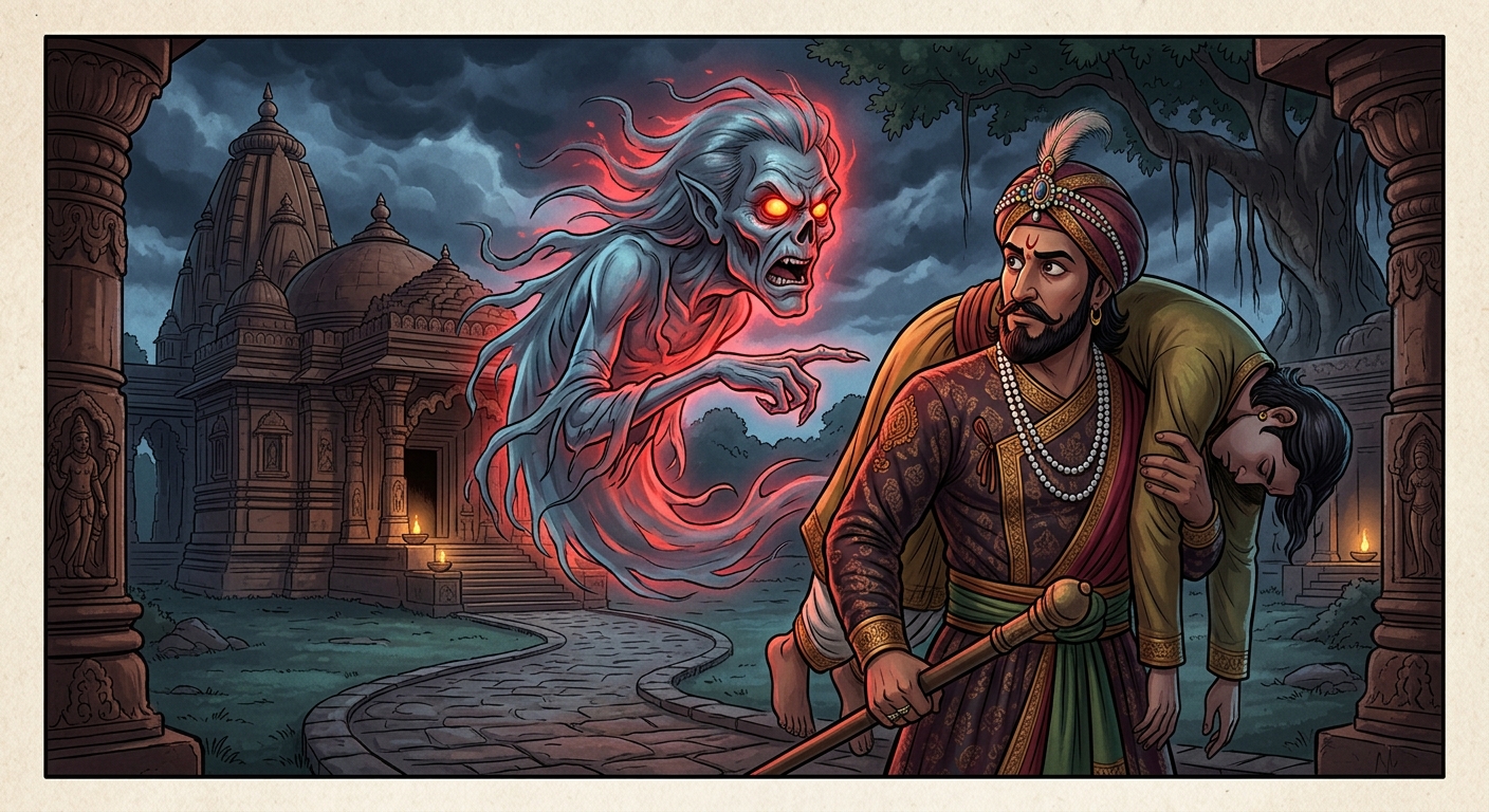 Medium shot of Betal's spectral visage glowing with sinister red energy as he issues his lethal ultimatum to King Vikramaditya.