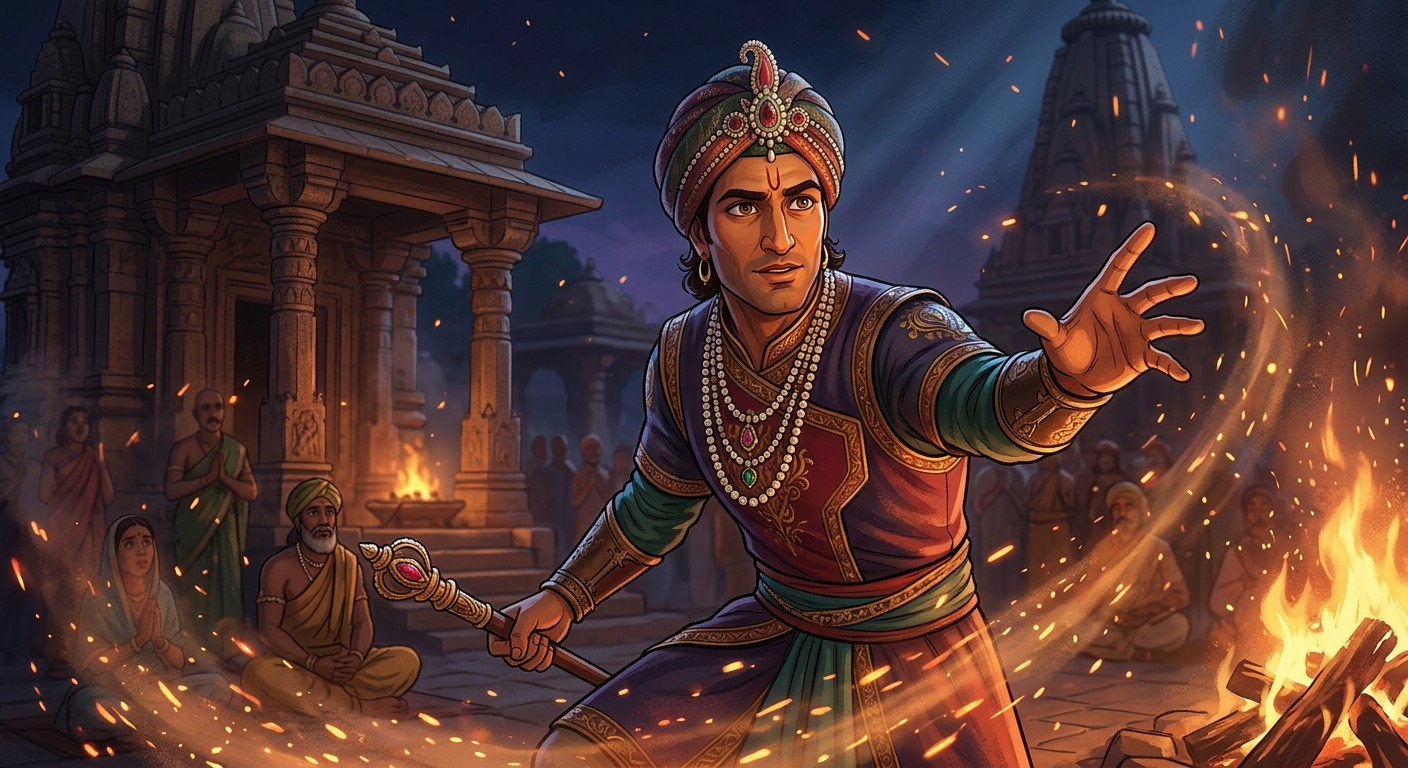 Heroic close-up of Emperor Vikramaditya delivering his brilliant judgment with sharp philosophical clarity amidst swirling cremation sparks.