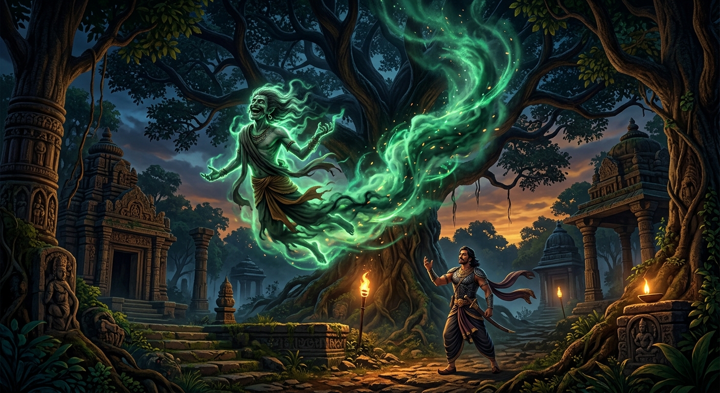 Dynamic wide shot: Betal dissolving into a swirl of emerald smoke with an echoing, triumphant laugh, soaring upward back into the dark canopy of the Shinshapa tree.