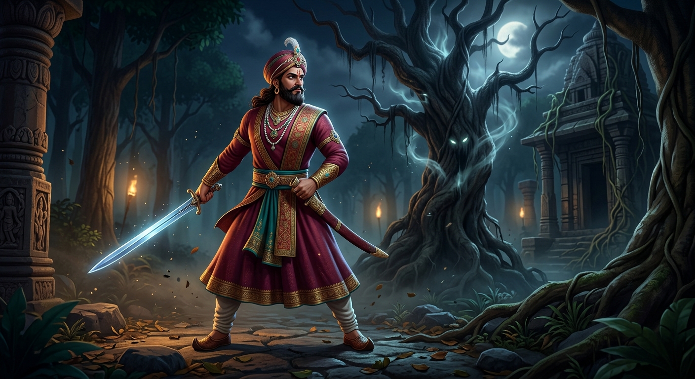 Heroic full shot of King Vikramaditya drawing his shining sword, standing firm in the pitch-dark Amavasya night, fearlessly turning back toward the haunted Shinshapa tree.