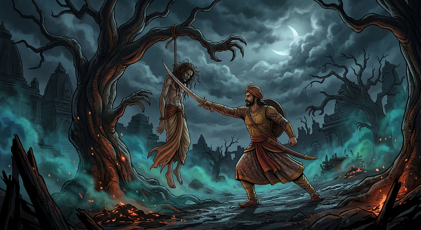 Emperor Vikramaditya cutting down the corpse Betal from the twisted Shinshapa tree in the haunted cremation ground under a tempestuous moonless sky. Swirling blue mist, scattered funeral embers, dark graphic novel style.