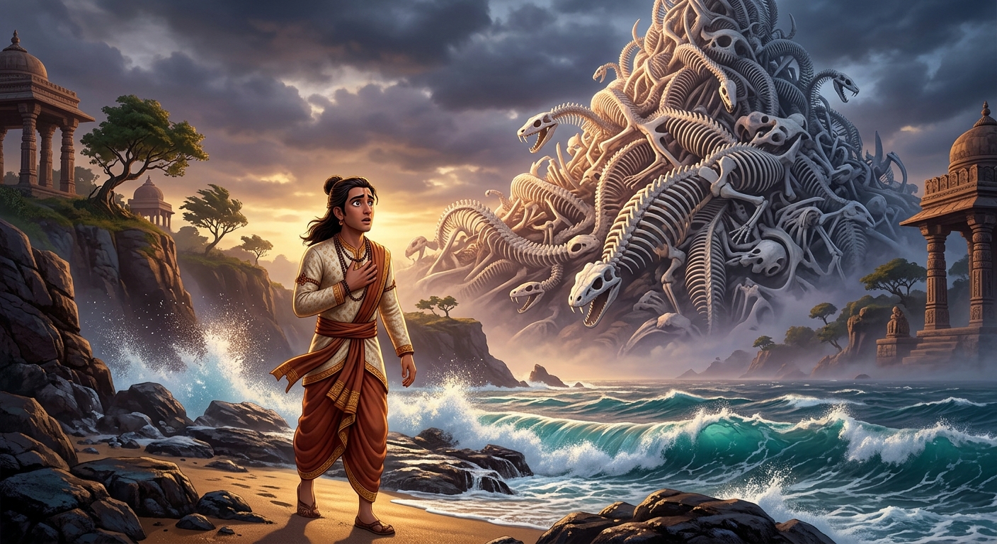 Jimutavahana walking near the roaring ocean shore, gazing with shock and sorrow at a towering, gleaming white mountain formed entirely of bleached serpent skeletons and bones.