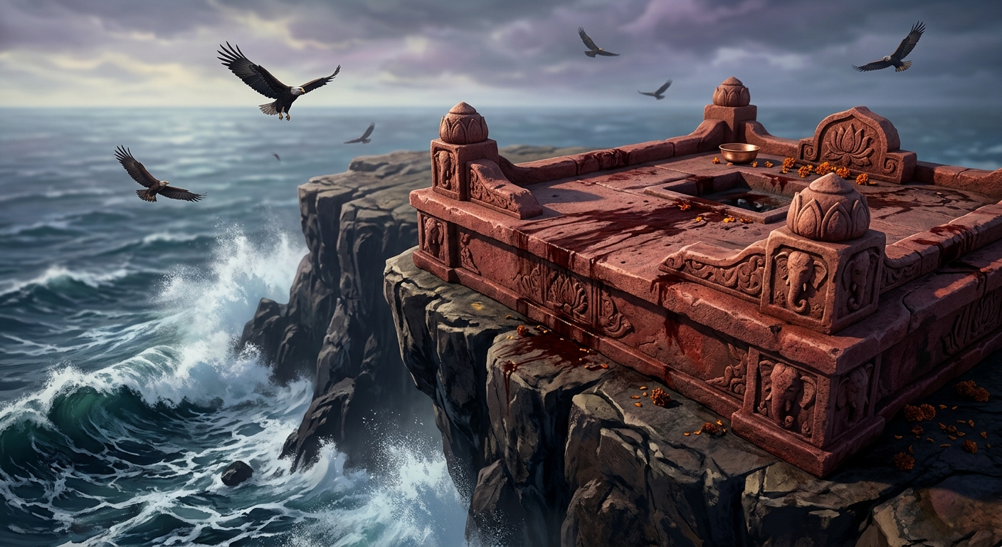 Close-up of the blood-stained red stone altar (Vadhyashila) perched high on a cliff above the crashing ocean waves, where eagles circle above.