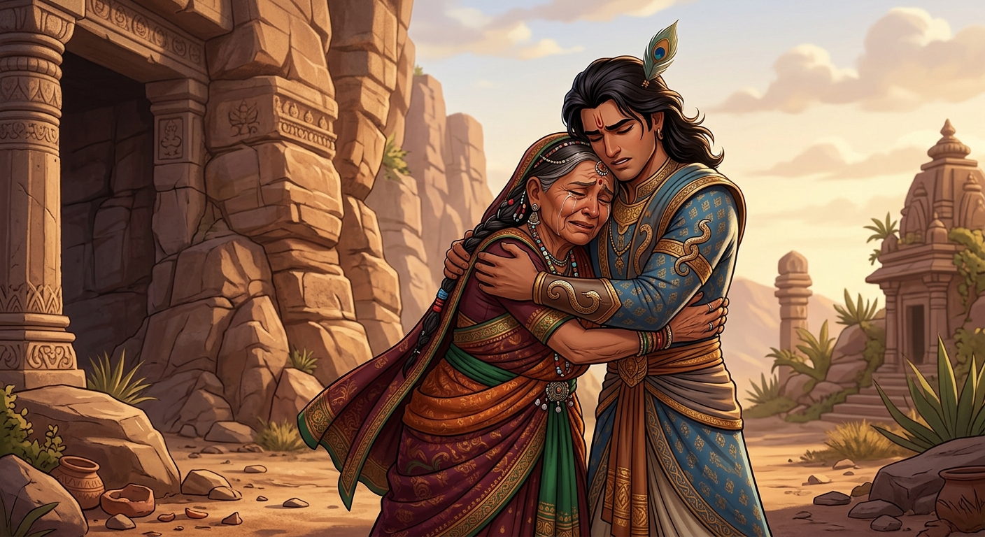 Heartbreaking scene: An elderly Naga mother weeping hysterically, clutching her handsome young son Shankhachuda in a desperate embrace near the foot of the slaughter cliff.