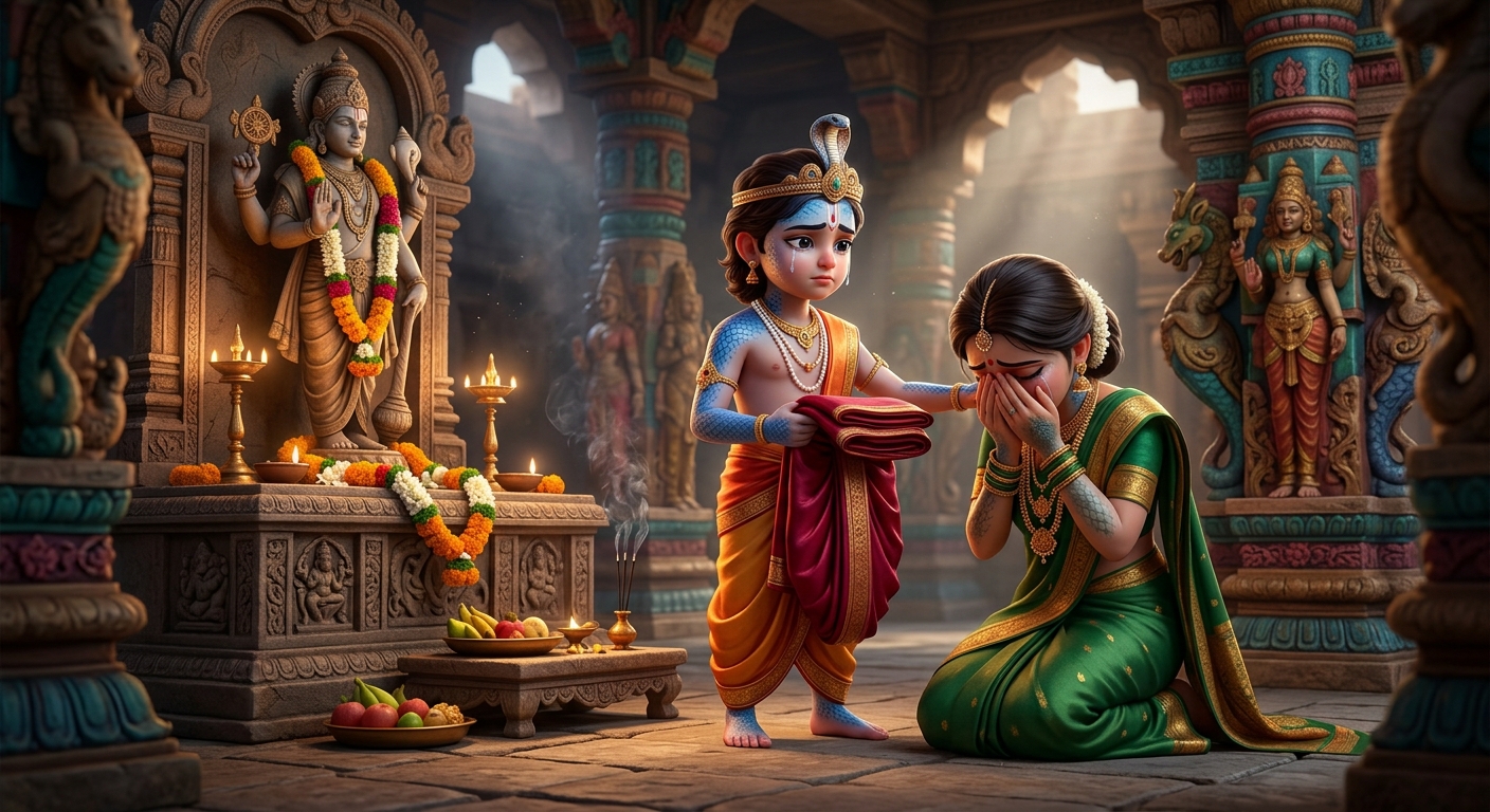 Young Naga Shankhachuda holding a red garment, comforting his weeping mother with tearful, stoic courage before the altar.