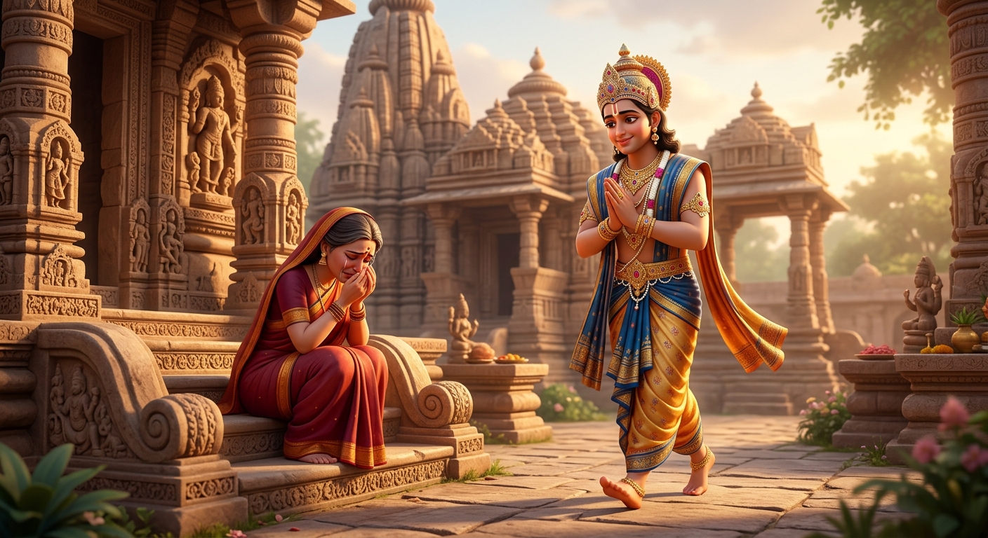 Jimutavahana stepping forward with boundless tenderness and divine grace, folding his hands before the weeping mother.