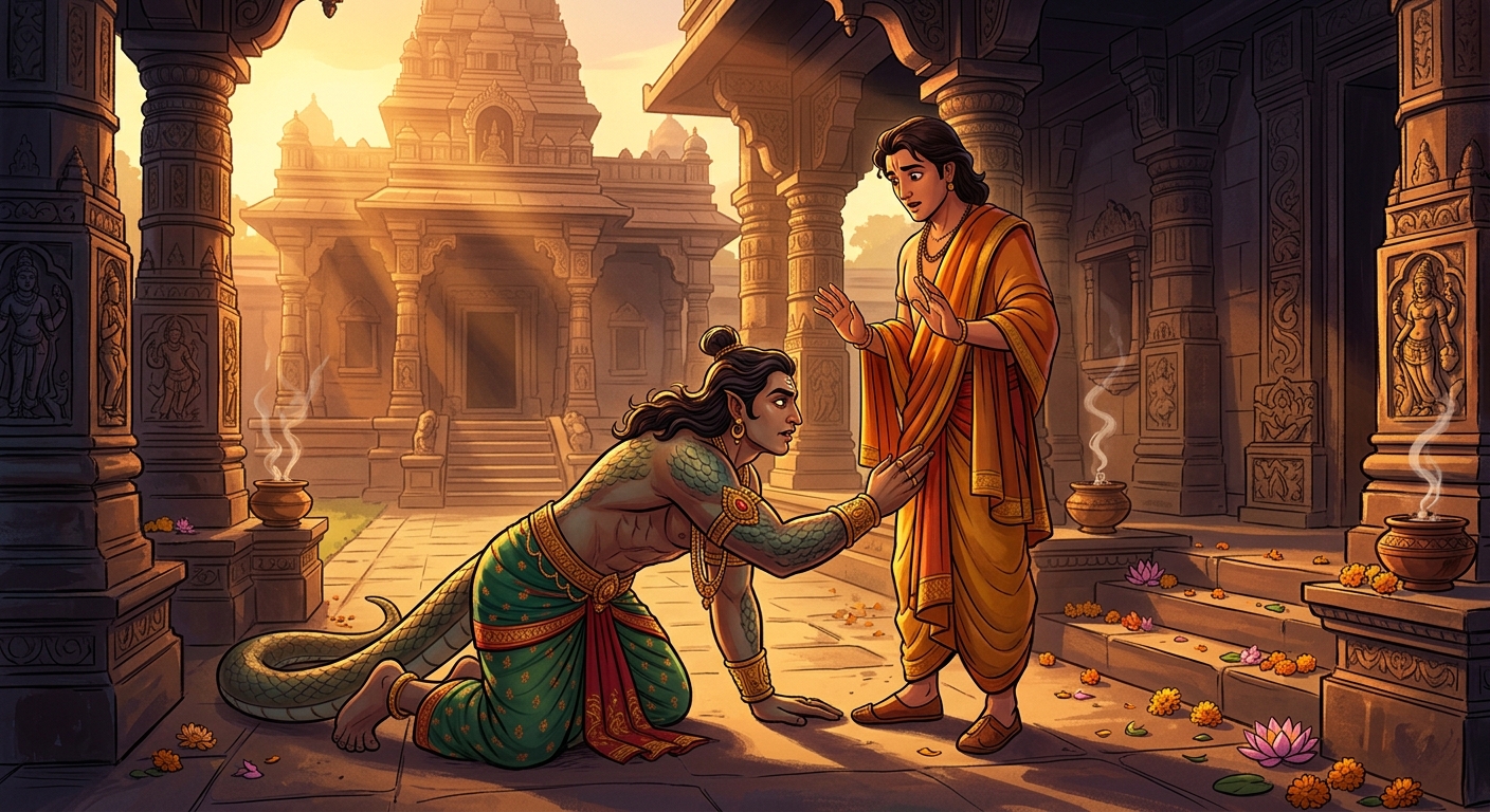 Shankhachuda falling at Jimutavahana's feet, refusing the prince's sacrifice and hurrying toward the nearby temple of Gokarna to offer his final prayers.