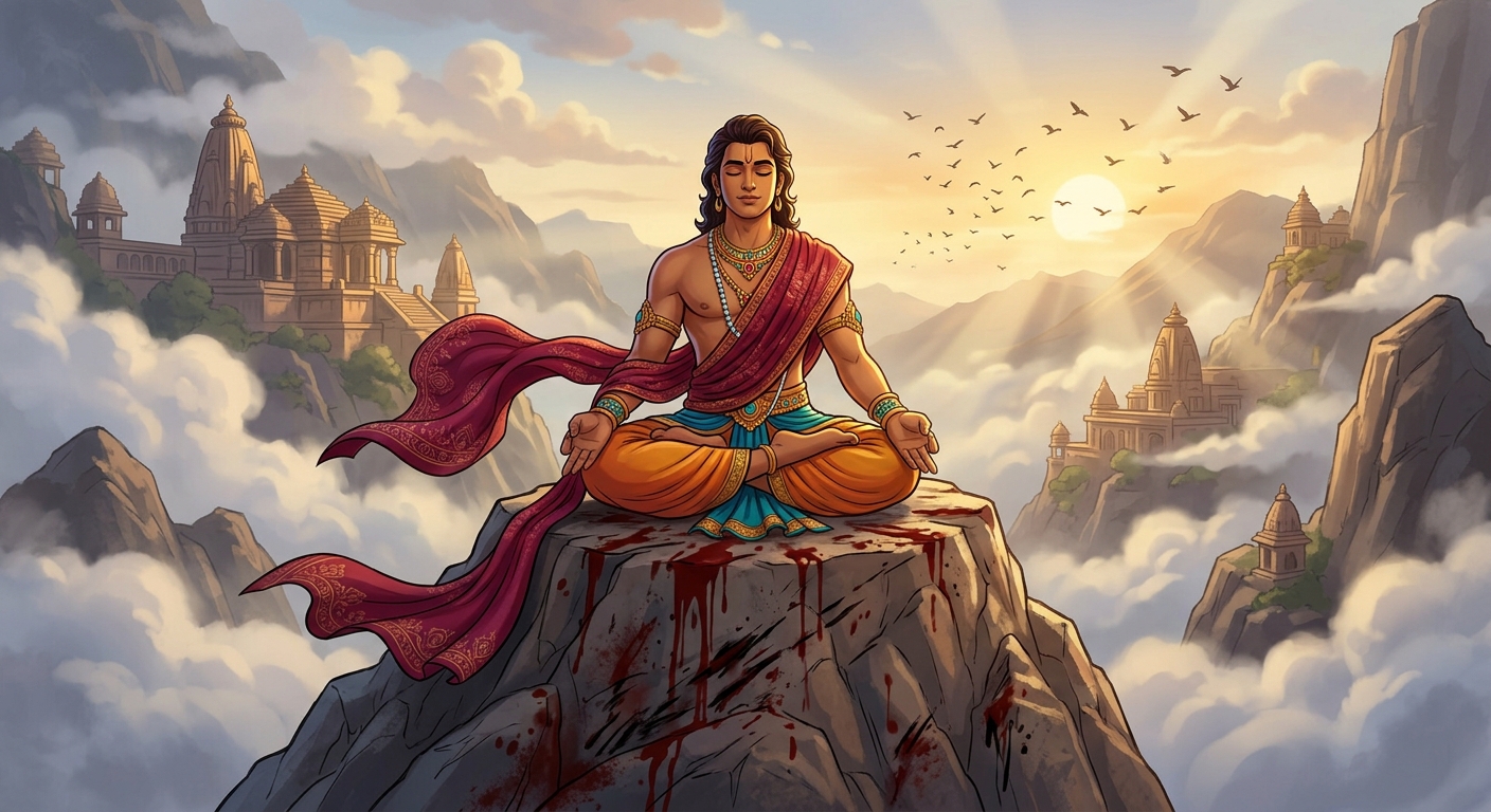 Jimutavahana ascending the blood-stained rock, wrapping the crimson cloth around himself, sitting in serene meditative lotus posture, eyes closed in sublime peace.