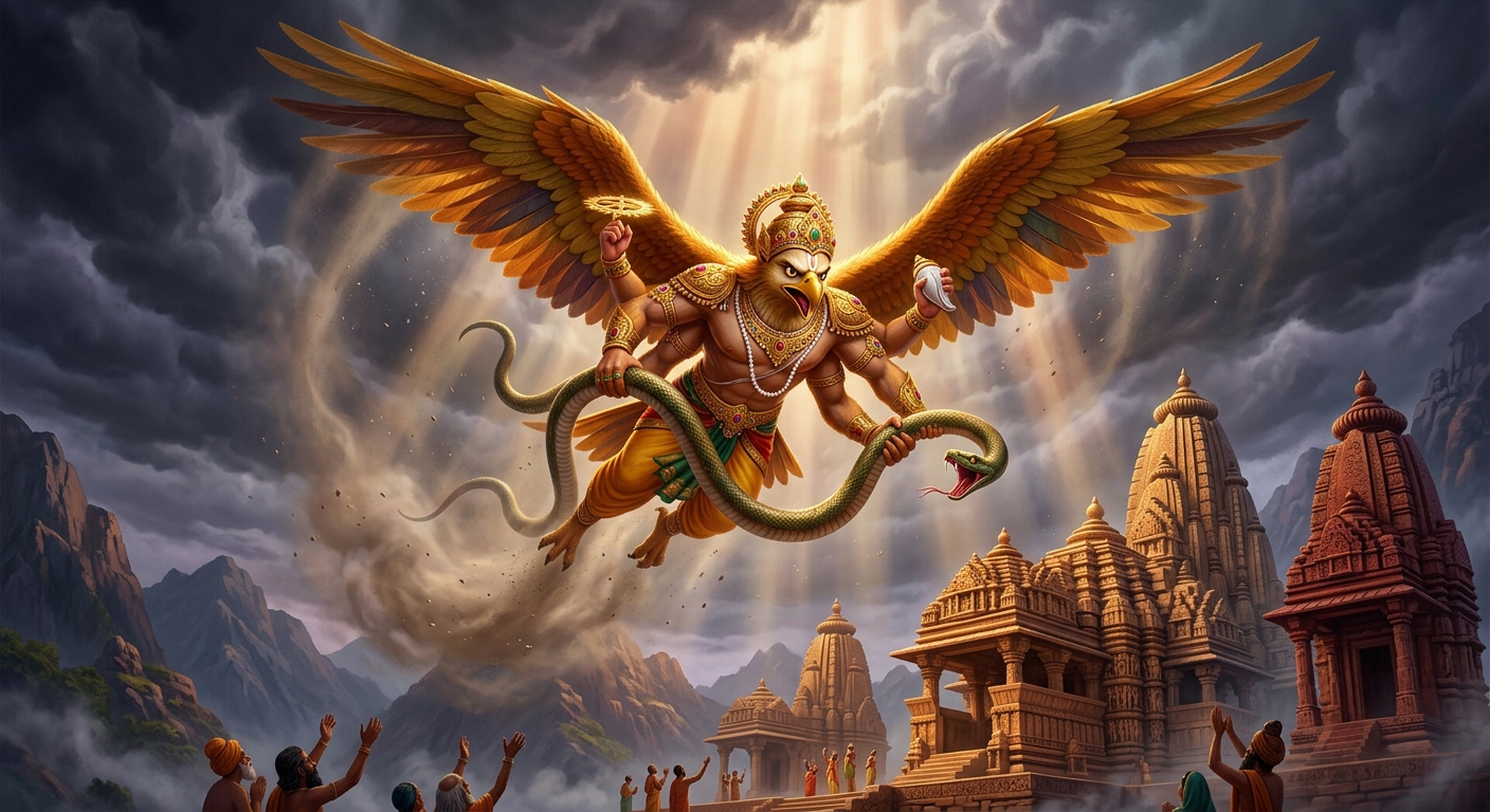 Dramatic dynamic wide shot: Mighty Garuda descending from storm clouds with hurricane-force wings, golden feathers, razor-sharp black beak and glowing fiery eyes.