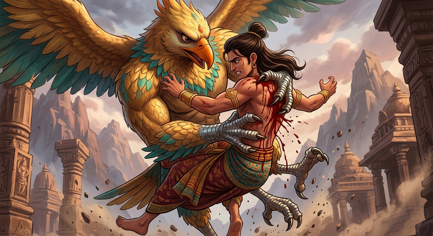 Close-up of Garuda's giant razor talons seizing Jimutavahana's shoulders and torso, blood streaming down, lifting him into the sky toward the mountain summit.