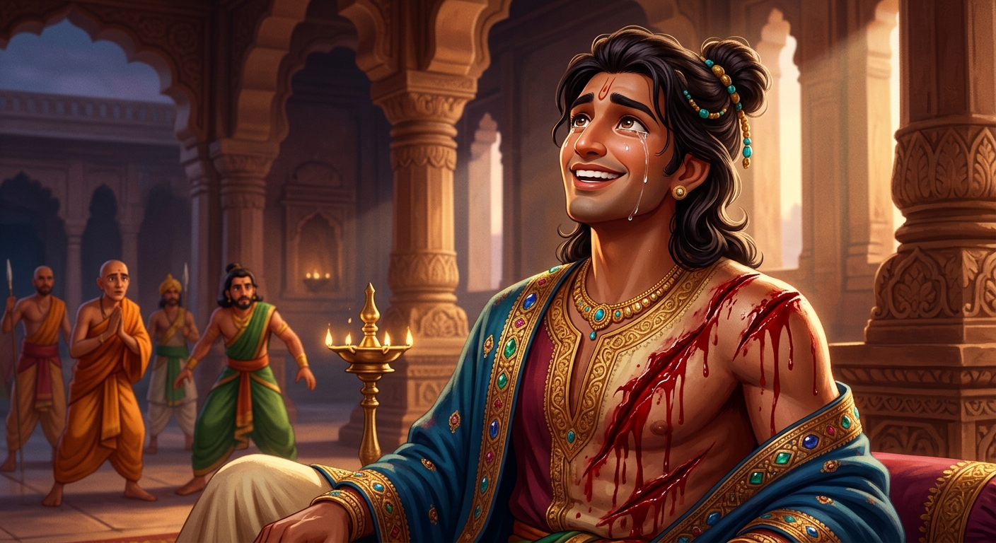 Emotional close-up of Jimutavahana bleeding profusely from deep wounds, yet smiling with sublime joy and spiritual ecstasy, tears of bliss rolling down his glowing face.