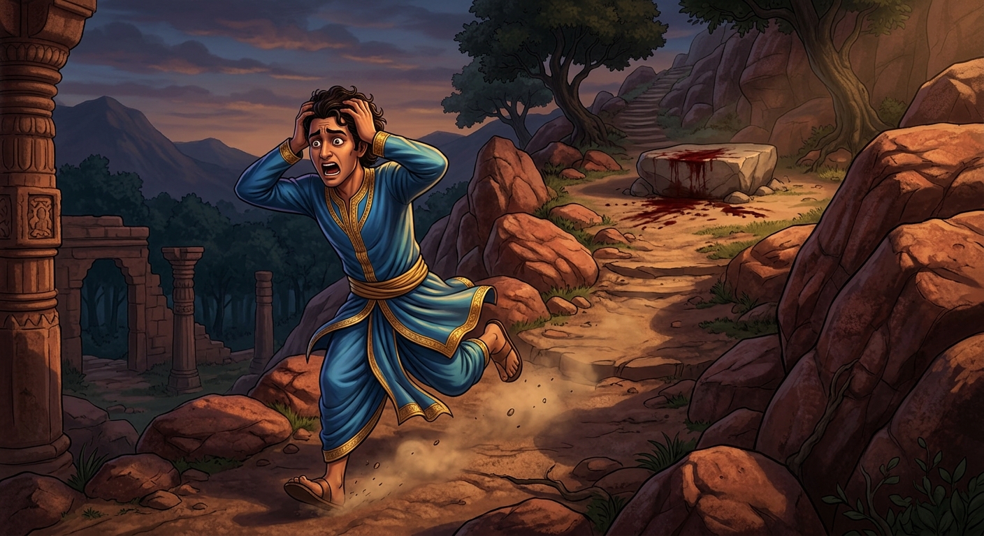 Shankhachuda returning from the temple, seeing the empty, blood-spattered slaughter rock, holding his head in horror and sprinting frantically up the mountain trail.
