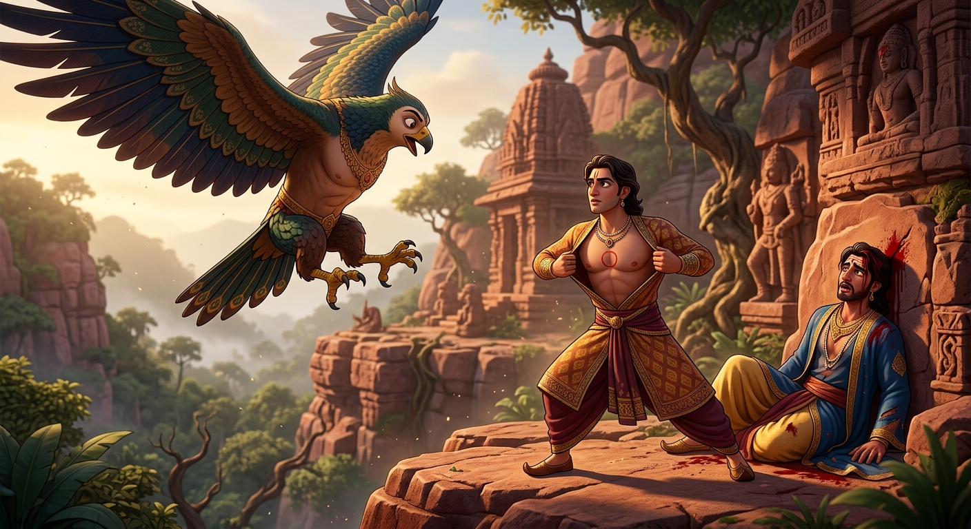 Dramatic cliff confrontation: Shankhachuda standing fearlessly between Garuda and the bleeding Jimutavahana, baring his chest and presenting himself as the rightful prey.