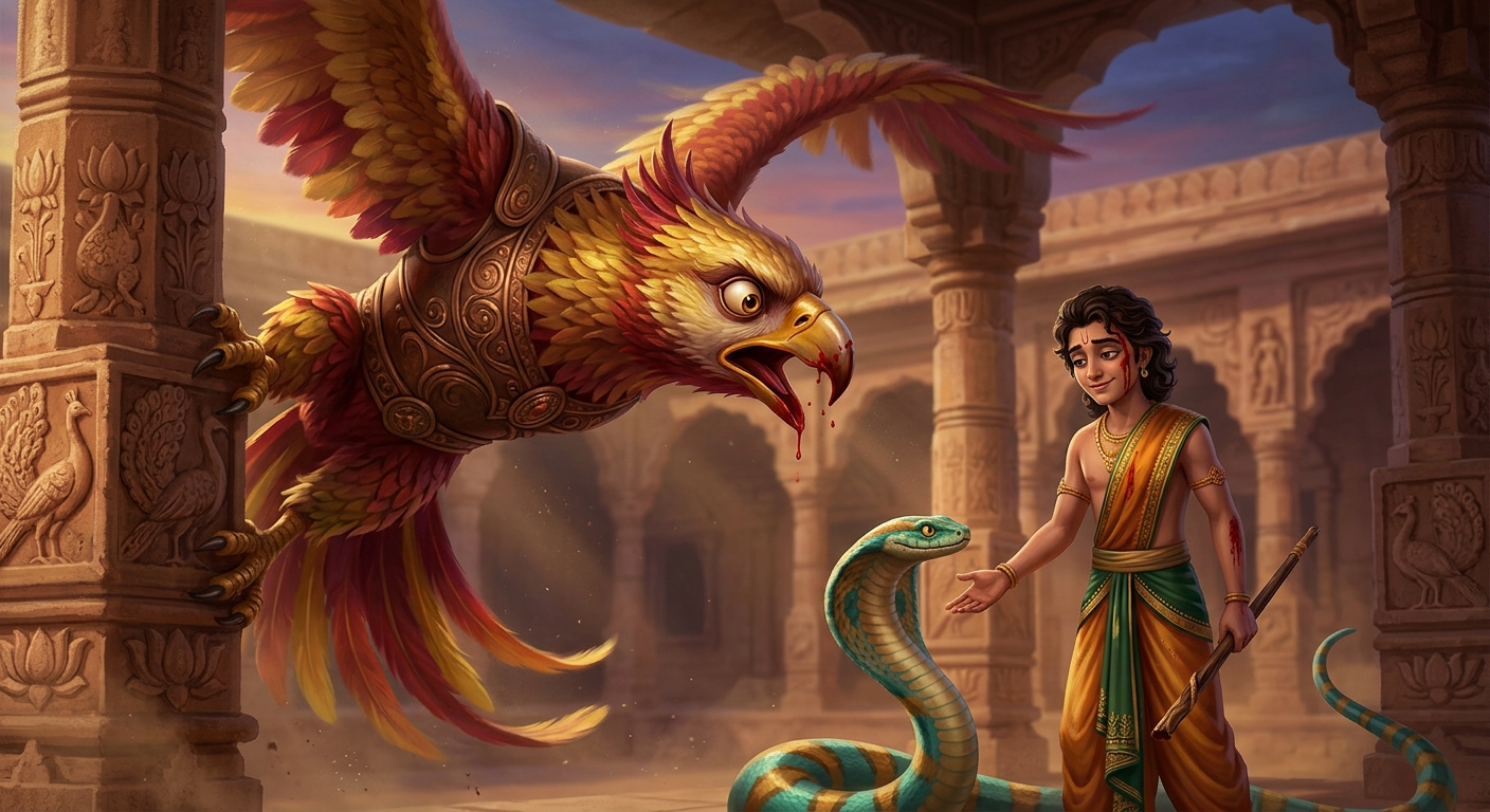Garuda freezing in shock, giant beak dripping with blood, eyes wide with horror and awe as he looks from the smiling, bleeding prince to the courageous serpent.