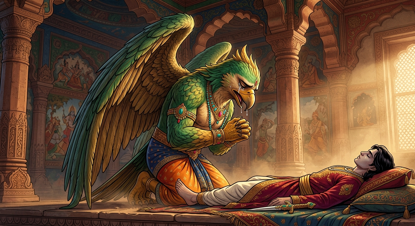 Garuda bowing his massive feathered head in deep remorse and shame, folding his wings, weeping tears of regret beside the dying prince.