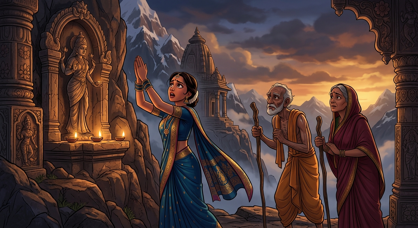 Princess Malayavati and Jimutavahana's aged parents arriving at the mountain peak, Malayavati raising her hands in fervent, desperate prayer to Goddess Gauri.