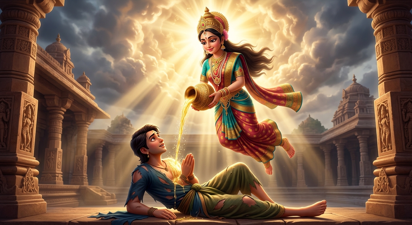 Goddess Gauri appearing in a radiant shower of golden celestial light, sprinkling heavenly nectar (Amrita) from a golden vessel onto Jimutavahana's torn body, healing him instantly to youthful radiance.