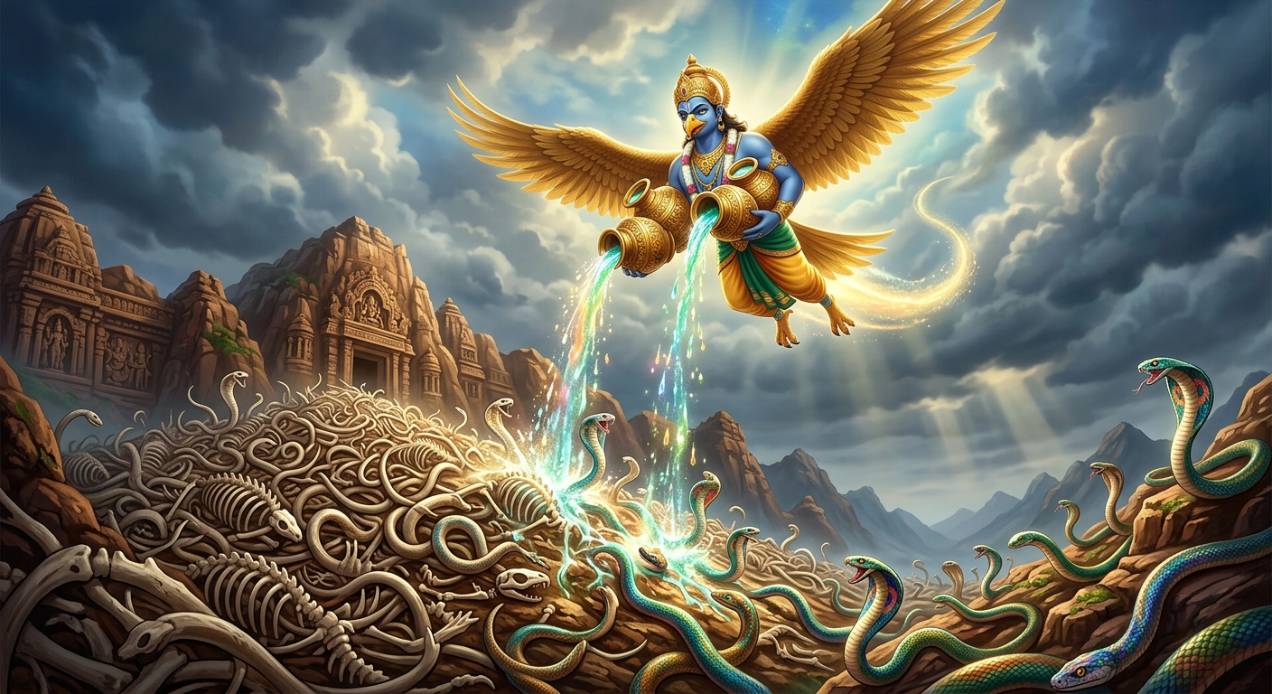 Garuda flying back from heaven with urns of celestial Amrita, pouring nectar over the mountain of serpent bones, bringing thousands of slain Nagas back to life, vowing never to eat snakes again.