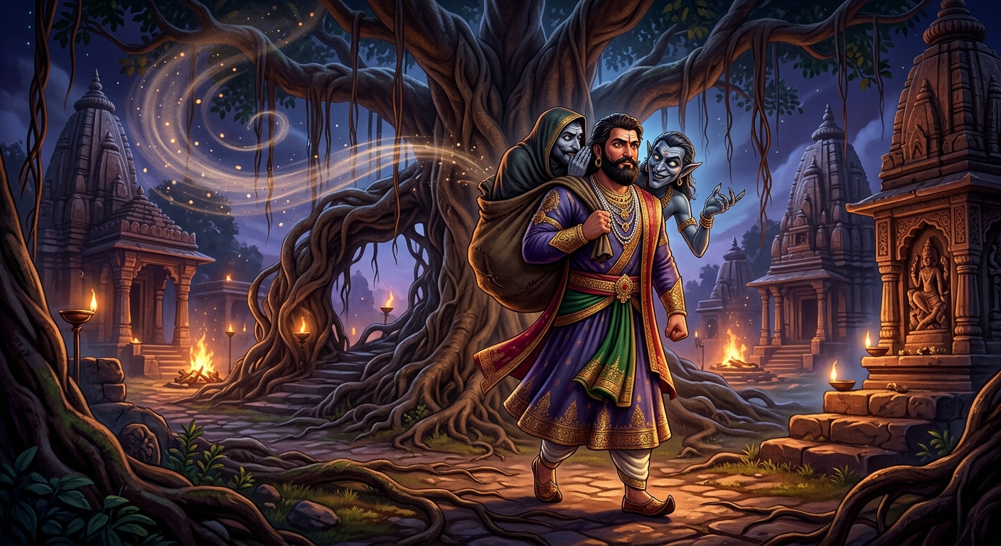 Atmospheric shot in the Mahashmashan of Ujjain: Betal whispering intently into Vikramaditya's ear as the night wind howls through ancient banyan roots.