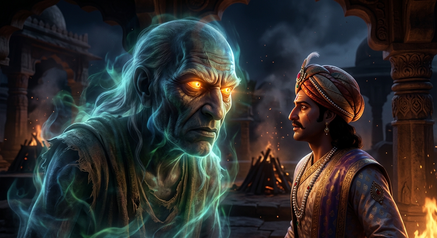 Close-up of Betal's glowing spectral eyes amidst cremation shadows, issuing his lethal ultimatum to King Vikramaditya.