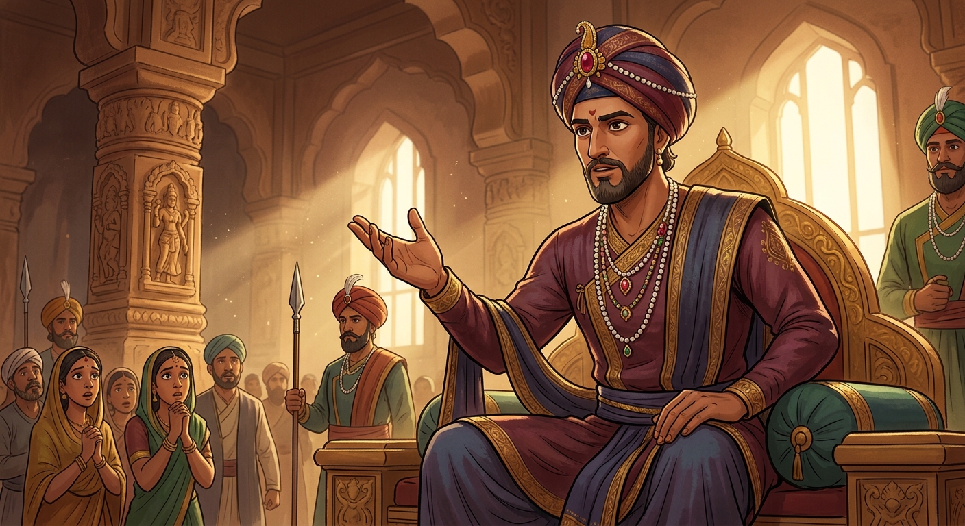 Heroic majestic close-up of Emperor Vikramaditya delivering his immortal philosophical verdict with supreme authority and clarity.