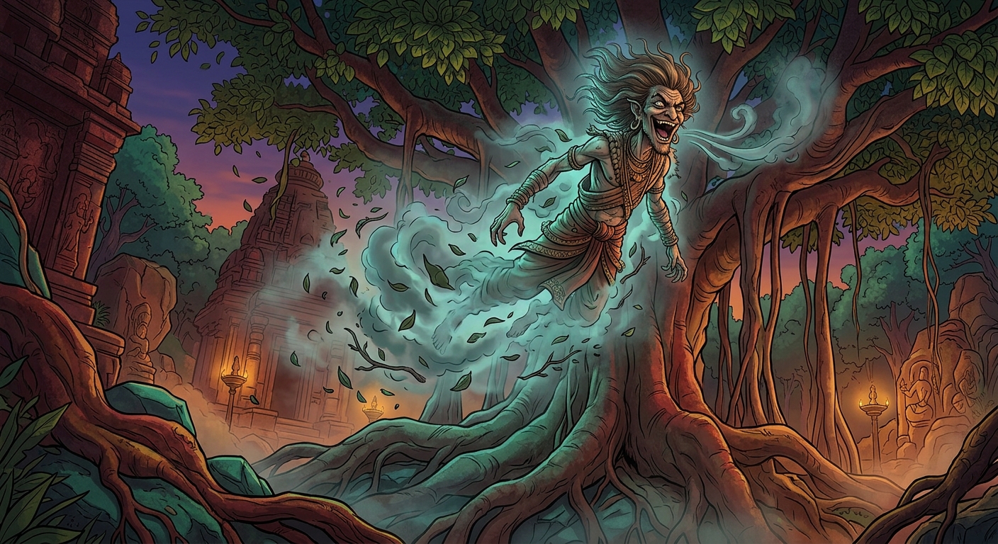 Wide dynamic shot: Betal bursting into an eerie, echoing cackle, dissolving into a whirlwind of spectral mist and flying back into the upper branches of the Shinshapa tree.