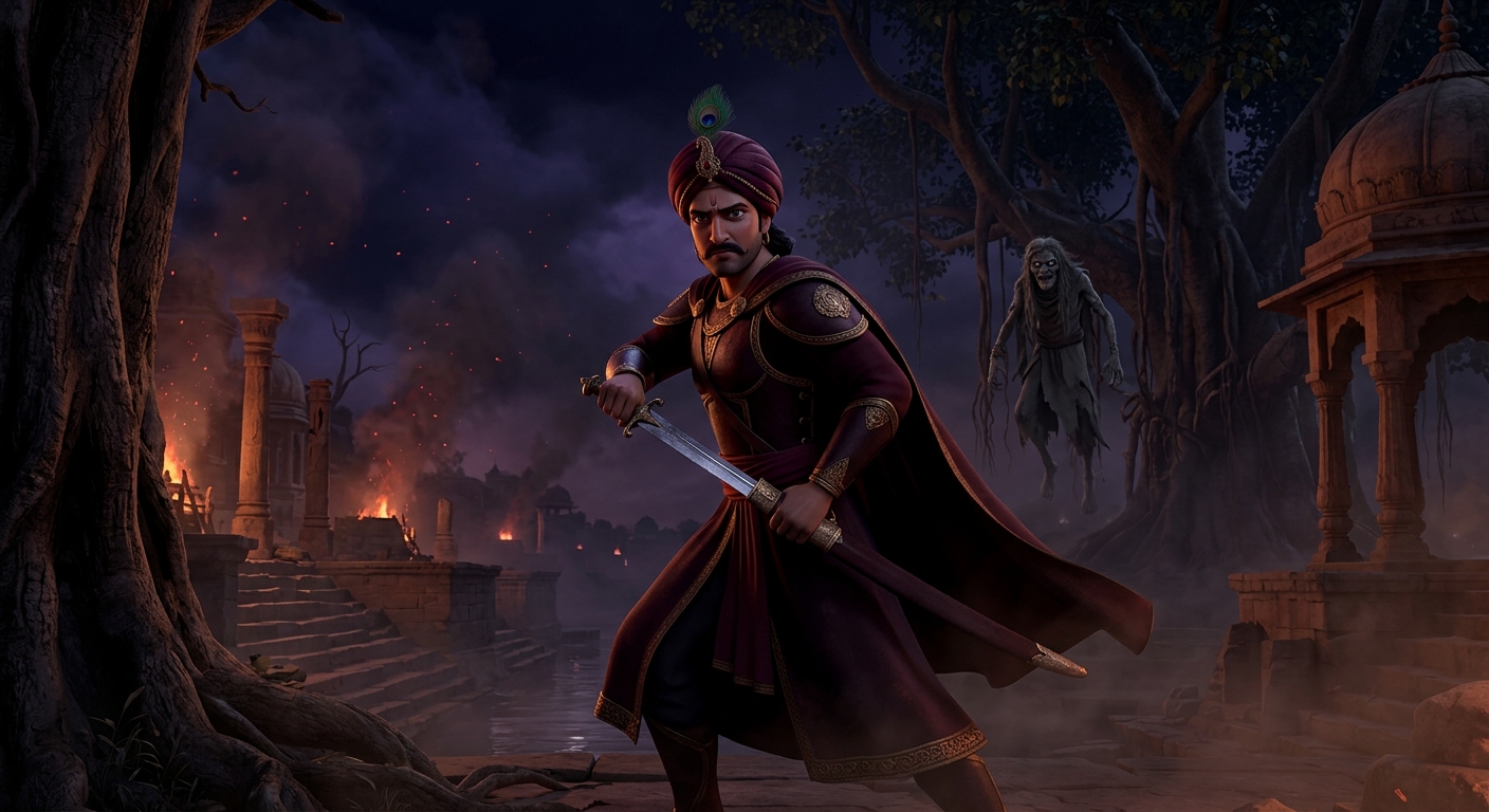 Heroic silhouette of Emperor Vikramaditya in the pitch-dark Amavasya midnight cremation ground, unsheathing his sharp sword, turning back with unflinching resolve to capture Betal again.