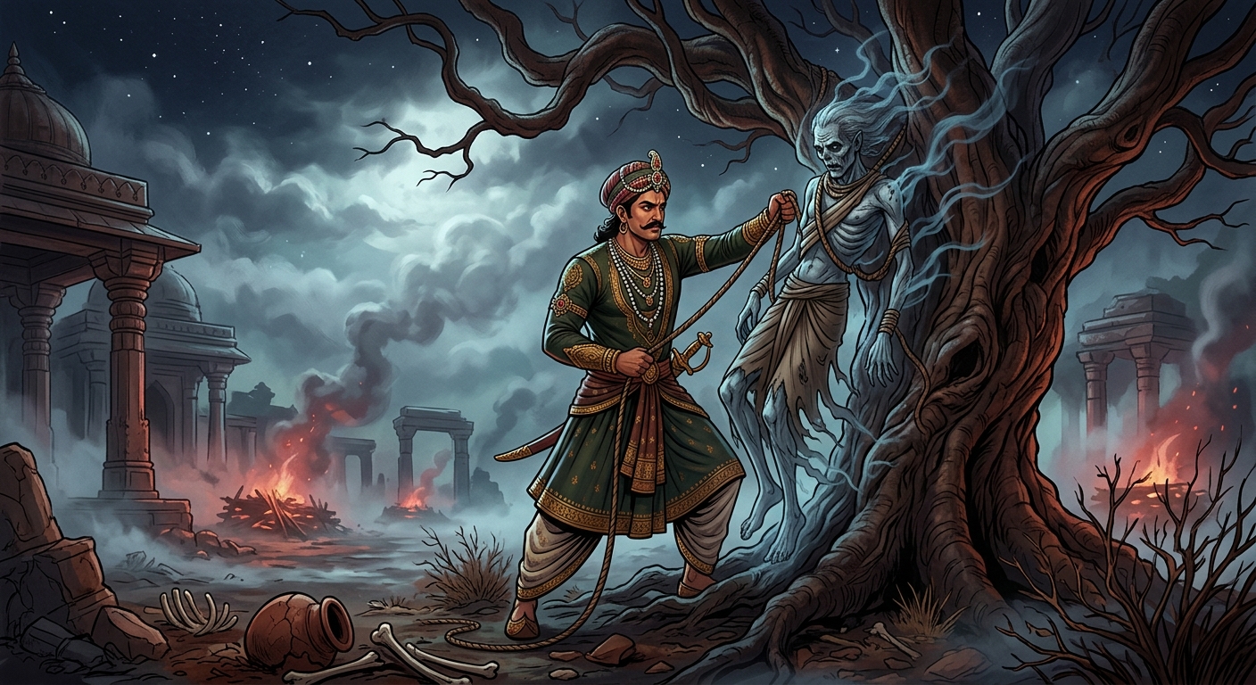 King Vikramaditya untying Betal's spectral corpse from the twisted Shinshapa tree in the misty cremation ground under an Amavasya night sky with glowing embers, moody oil painting comic style.