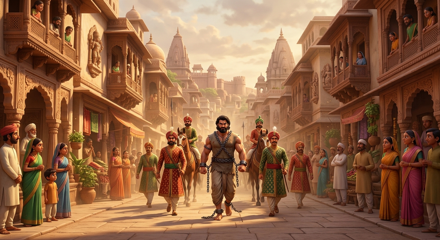 Wide street view: Royal guards leading a heavily shackled, muscular master thief through the city avenue. Despite iron chains and impending execution, the thief holds his head high with fierce, fearless pride.